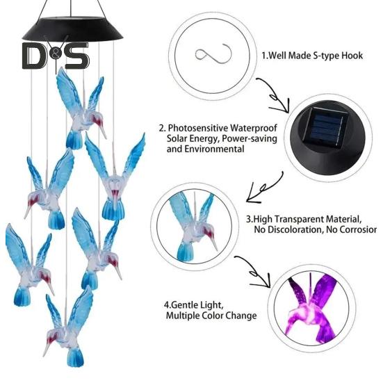 Dzwonki wietrzne w kształcie kolibra, motyl, wiszący wisiorek, wodoodporny, zasilany energią słoneczną, automatycznie oświetlony, dzwonki wietrzne, dekoracja zewnętrzna