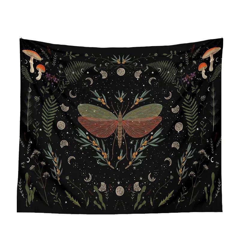 VIKAMA Moth and Mushroom Forest Tapestry Psychedelic Dark Botanical Wall Art Suitable for Living Room Bedroom Study