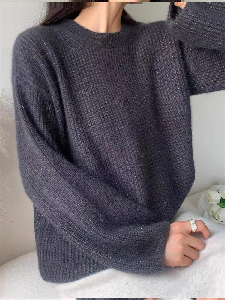 Women's European-Style Red Wool Pullover Sweater, Round Neck, Thickened & Loose, Versatile Base for Autumn/Winter '24.