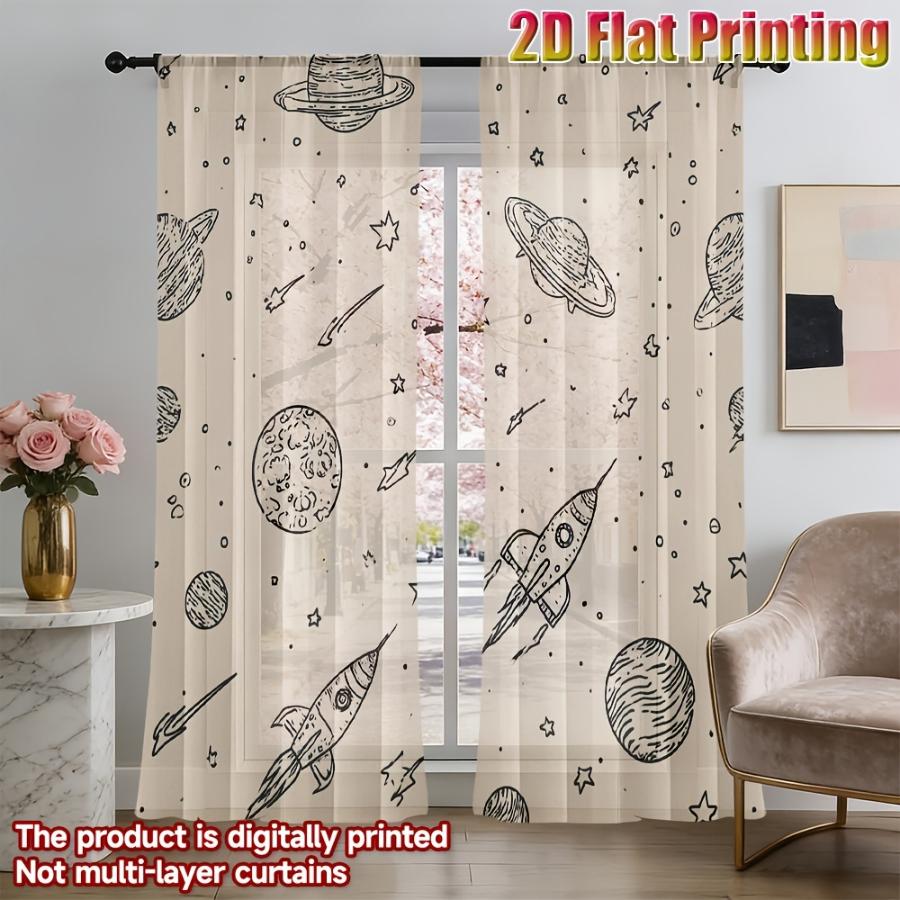 2PCS Digital Printed Sheer Curtain, Saturn Astronaut Space Print, Cosmic Galaxy Sci Fi for Living Room Bedroom Home Decor