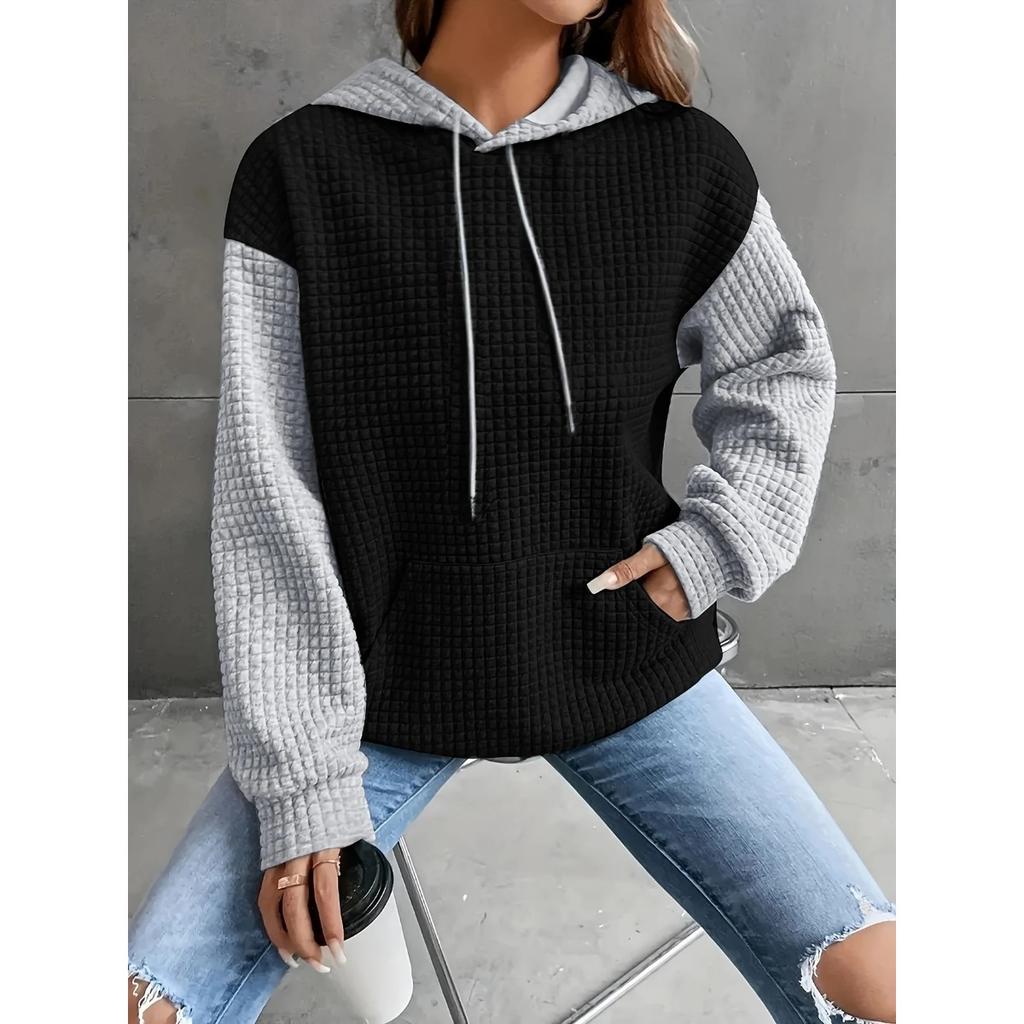 Fall Winter Women's Plus Size Color Block Pullover Hoodie, Casual Fashion Hooded Sweatshirt for Crossborder Europe America