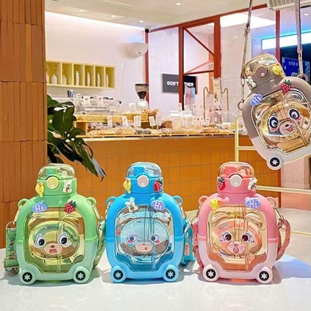 With Straw Kids Water Sippy Cup Straps Bear Plastic Cup Bottle Portable Drink Bottle Home