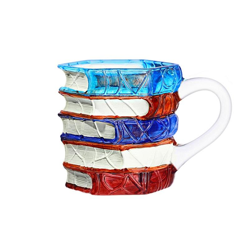 Colorful Stacked Books Shaped Glass Mug, Hand-Painted Stained Glass Style Coffee Cup