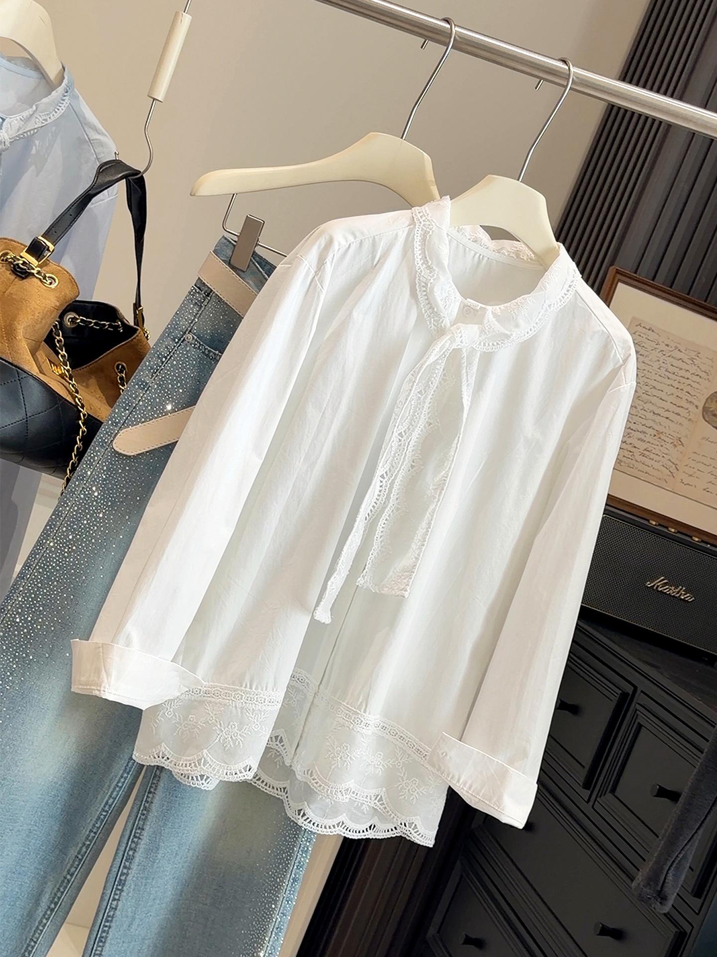 Women s Long-Sleeve French White Lace Tie-Up Shirt: Mid-Length, Loose Fit, Embroidered, Layered Design for Spring/Autumn. One Size белый