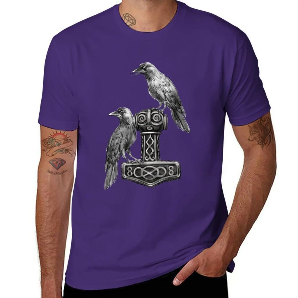 Thor Hammer Mj?lnir with Odin Ravens Hugin and Munin T-Shirt plus sizes anime clothes vintage t shirts pack
