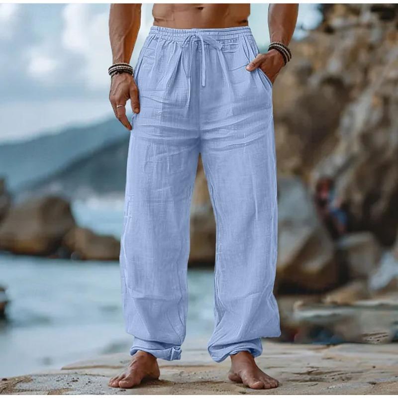Beach Pants Cross-border Cotton and Linen Casual Trousers Amazon Men's Solid Color Drawstring Elastic Waist Daily Casual Breathability