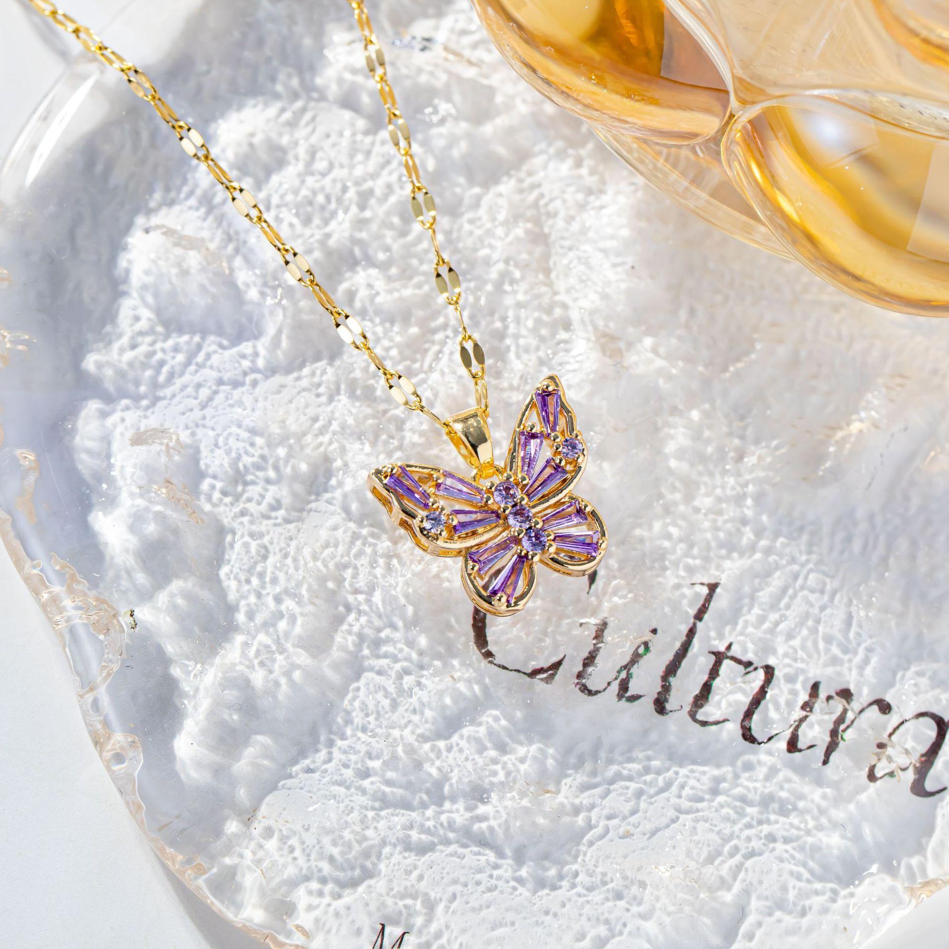 

Fashion Zirconia Butterfly Pendant Necklaces for Women Sparkling Stainless Steel Necklace Jewelry Wedding Accessories фиолетовый