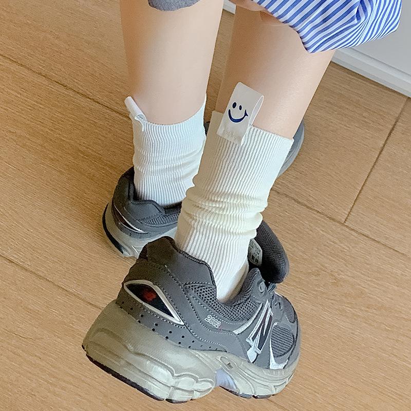 5 Pairs Spring Summer White Calf Socks Women's Tide Socks Slope Heel Smiley Fabric Label Stacked Socks Drawstring Mid Calf Socks
