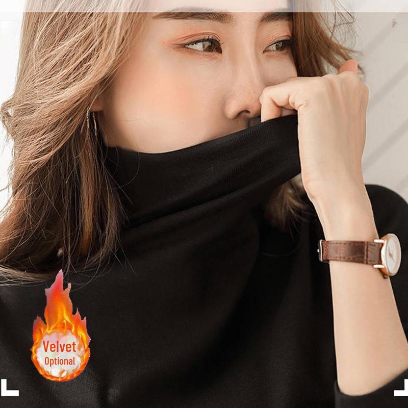 Plus Velvet Slim High Collar Long Sleeve T-Shirt - Women's Autumn/Winter Versatile Solid Color Slim Fit Top.