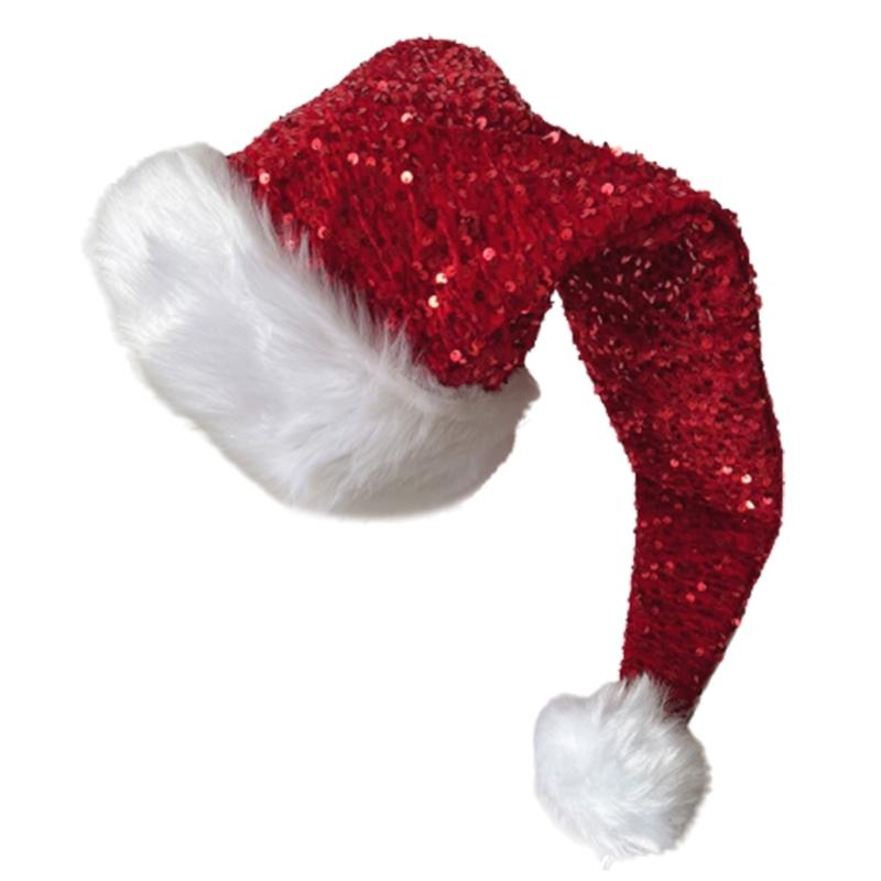 Adult Santa Hat with Sequins Thicken Plush for Holiday Comfort Liner Christmas New Year Symbol Cap with White Brim