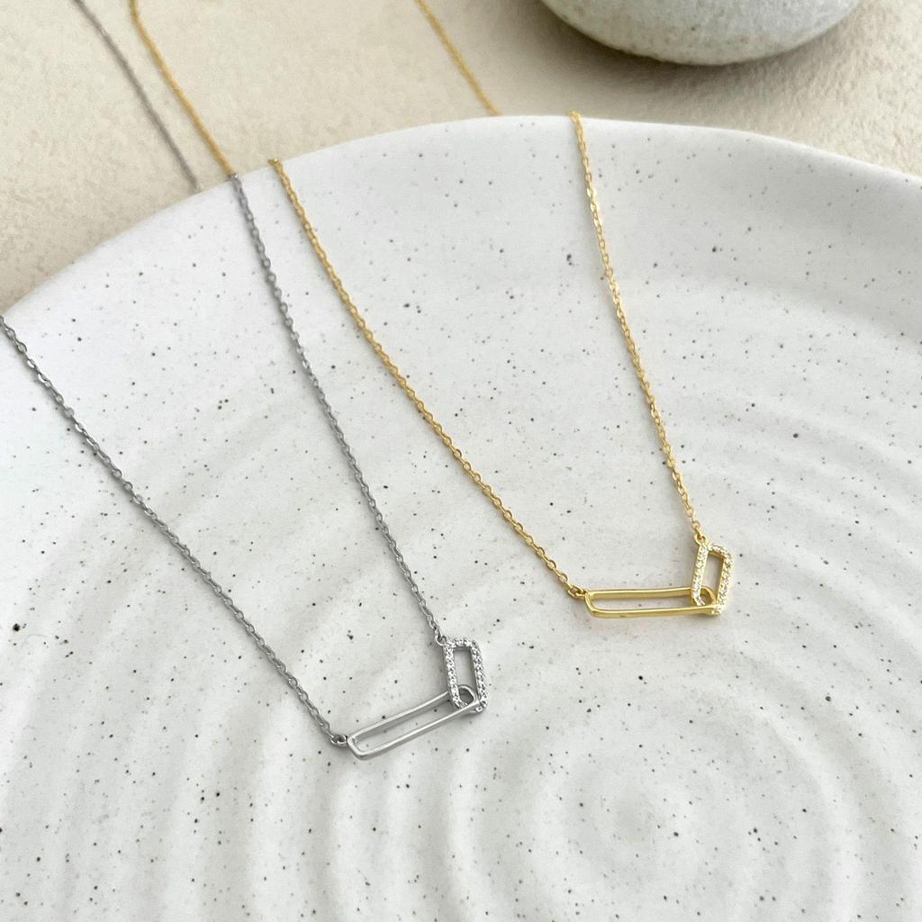18K Gold & S925 Sterling Silver Interlocking Ring Necklace with Paperclip Chain - Women's High-End Design