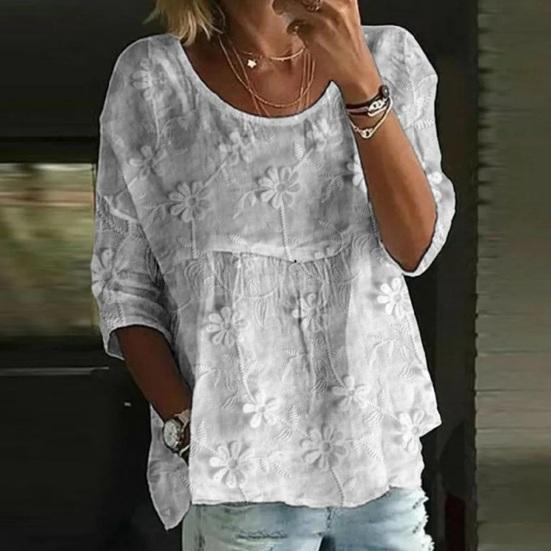 Damen T-Shirt Rundhalsausschnitt Halbe Ärmel Stickerei Blumenmuster Lockerer Saum T-Shirt Einfarbige Falten Design Sommer Oberteile