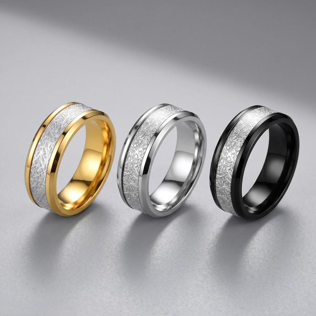 Rime Textured Titanium Steel Couple Ring with Inlaid Design