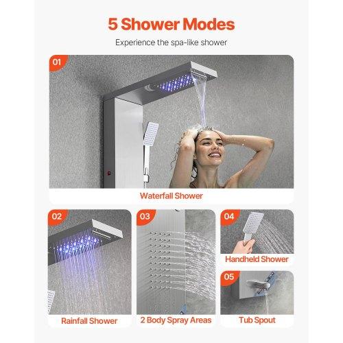 VEVOR Shower Panel Tower System with Rainfall Waterfall Shower Head, LED, 53 In Brushed Stainless Steel Shower Column, 5-Function Faucet