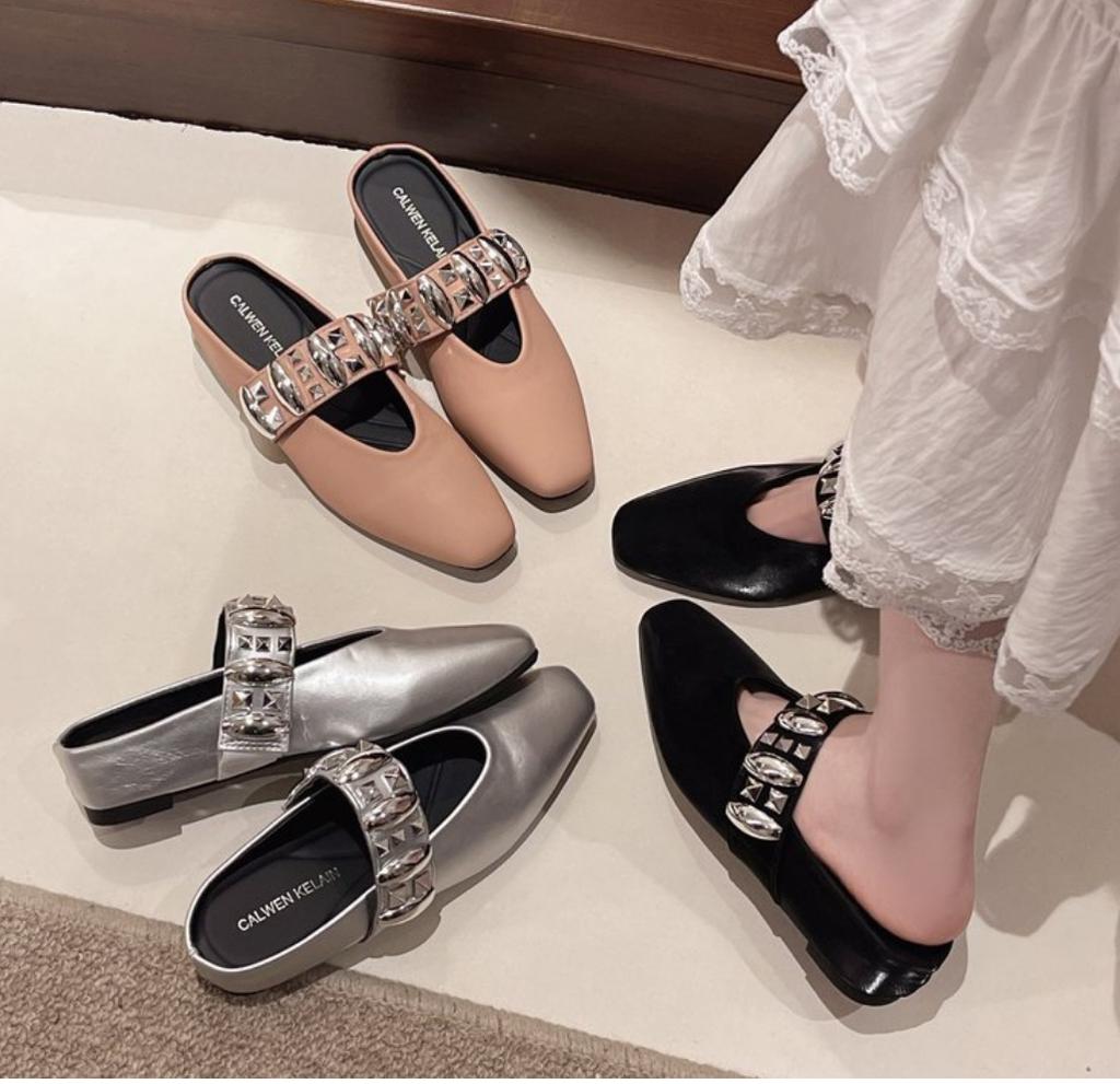 Spring Summer New Square Head Slippers Metal Buckle Thick Bottom Women Slip on Mules Shoes Fashion Korean Versatile Dress Slides