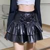 Goth Punk PU Leder Mini Rock Frauen Hight Taille Lace Up Bandage Schwarz Falten Rock Streetwear Mädchen Lolita Rock