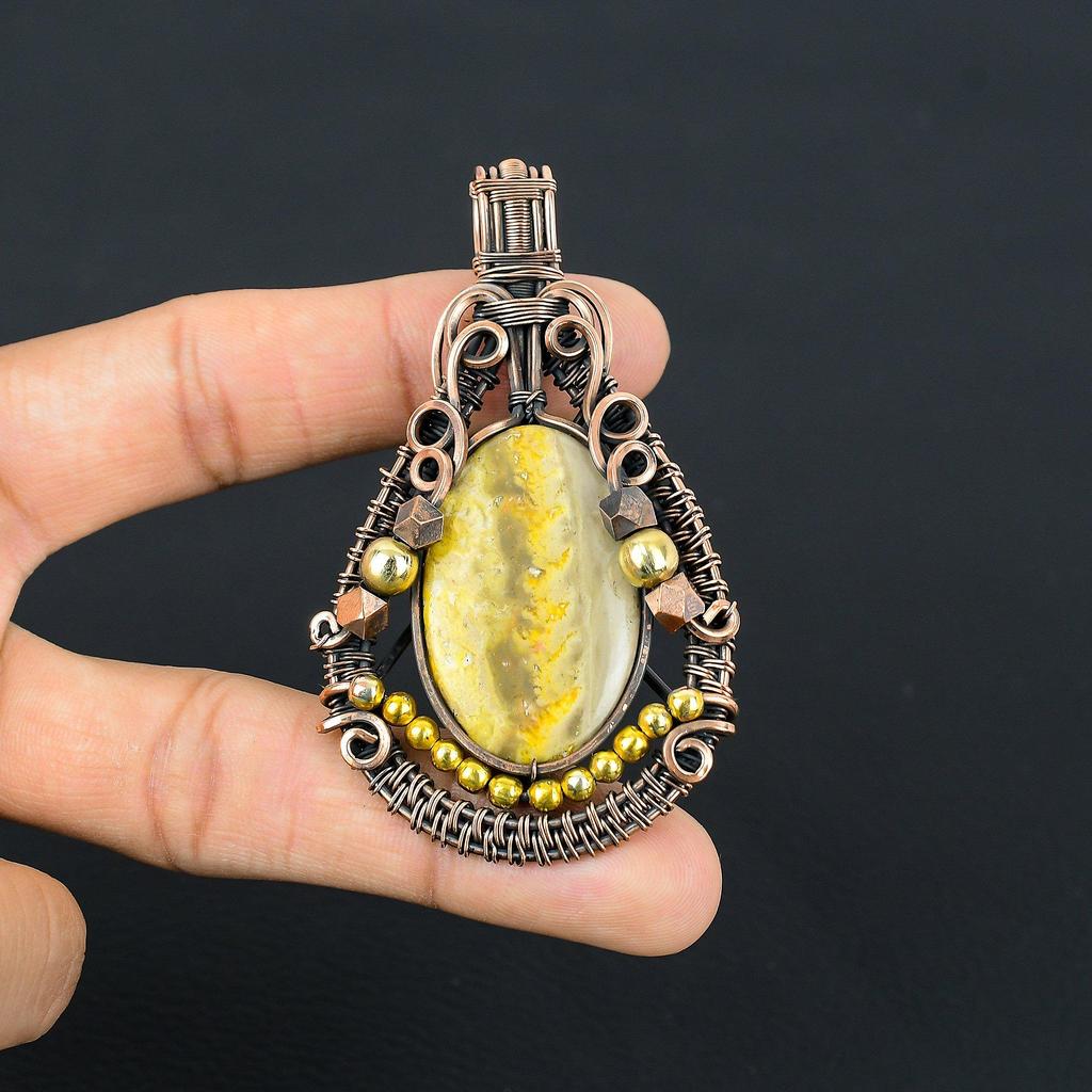 Bumblebee Jasper Pendant, 999 Copper Wire Wrapped Gemstone Jewelry, Handmade Pendant, For Mother Day