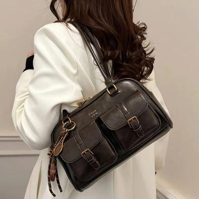 Women's Korean Retro Shoulder Bag Multifunctional Large Capacity Letter Handbag Fashionable Commuting Versatile Shoulder Bag Boston Bowling Bag