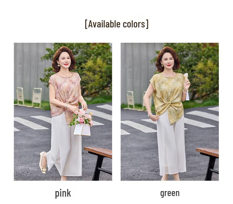 Mom's Elegant 2026 Floral Two-Piece: Summer Wide-Leg Pants & Top Set for Middle-Aged and Elderly Women