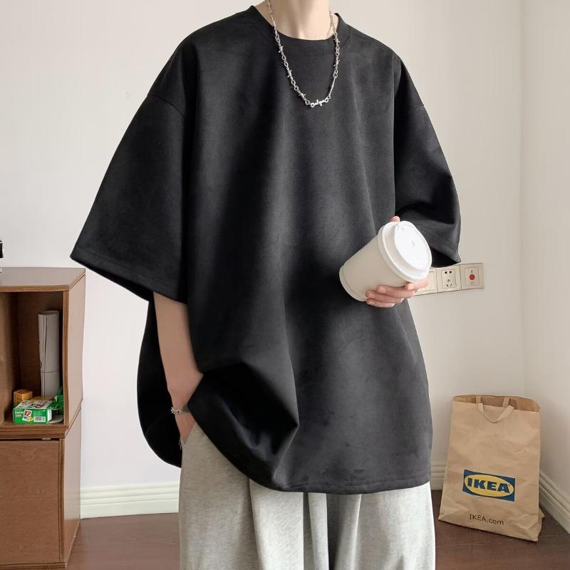 

Men s Suede Texture Oversized Short Sleeve T-Shirt Casual Minimalist Streetwear Top M чорний