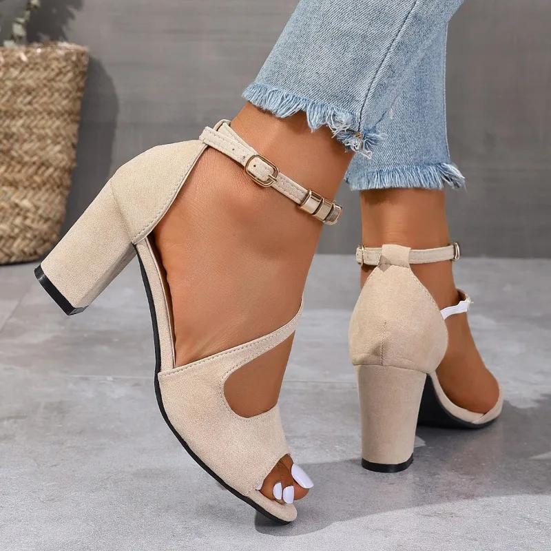 Fashion New Ladies Shoes Hot Sale One-word Buckle Women's Sandals Solid Flock Open Toe High Heels Summer Dress Fish Mouth Sandals Women