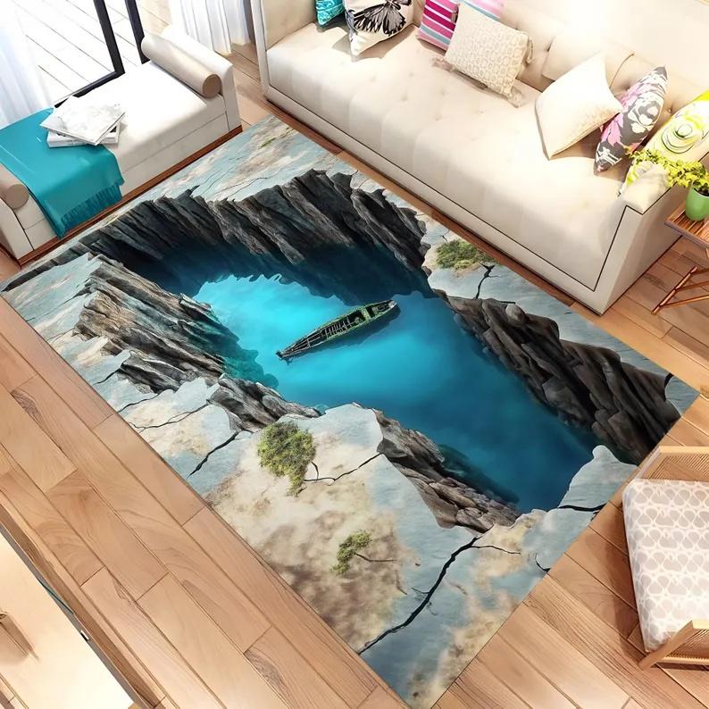Visual 3D Carpet Blue Water Pit Hole Cliff Living Room Bedroom Full Carpet 3D Visual Illusion Foot Mat Home Decoration
