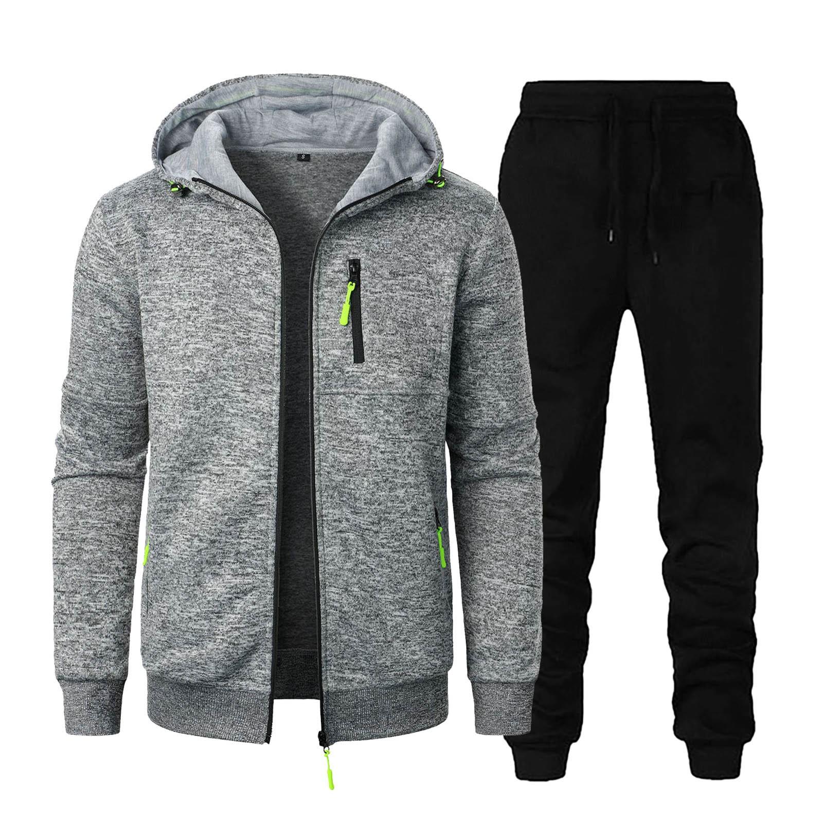 

Мужская осенне-зимняя однотонная толстовка с длинным рукавом на молнии с капюшоном и брюками M светло-серый