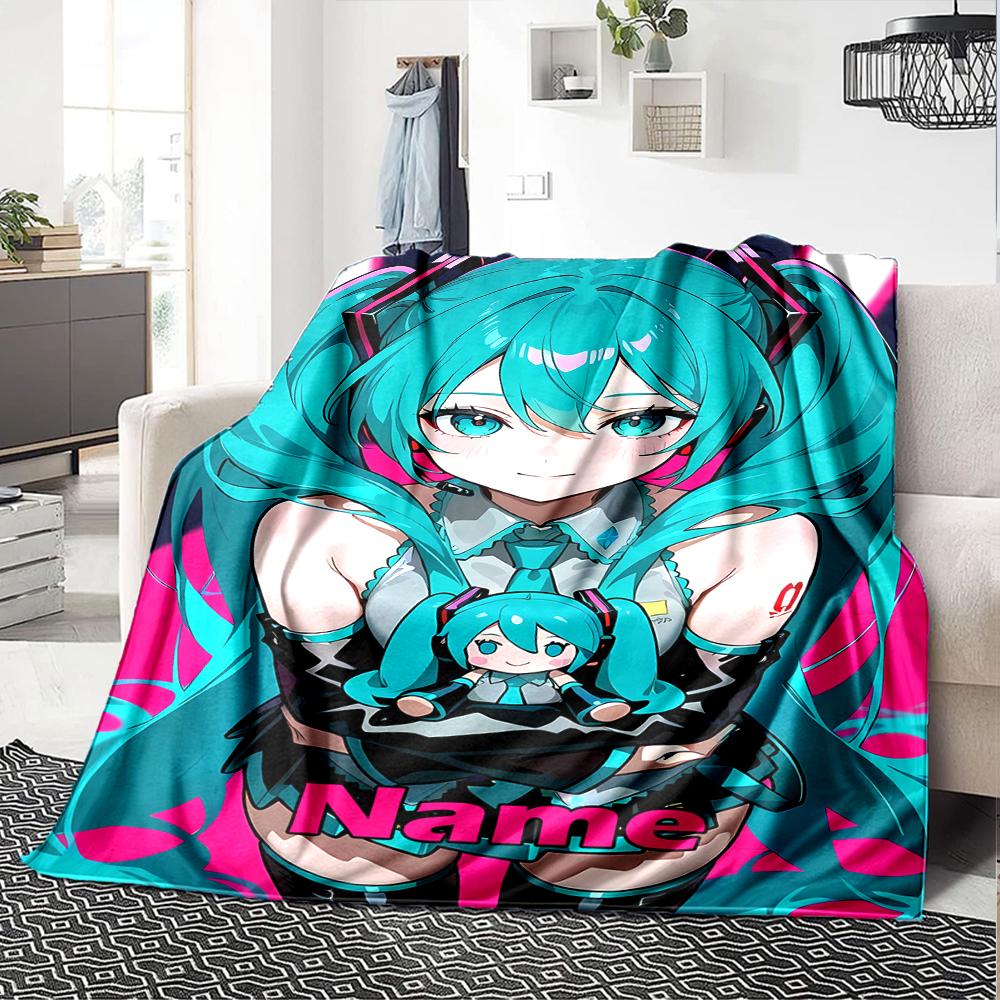 Custom Name Hatsune Miku Theme Printed Blanket - Perfect for Couch, Bed, Travel & Outdoor Use | Machine Washable, Cozy & Durable.