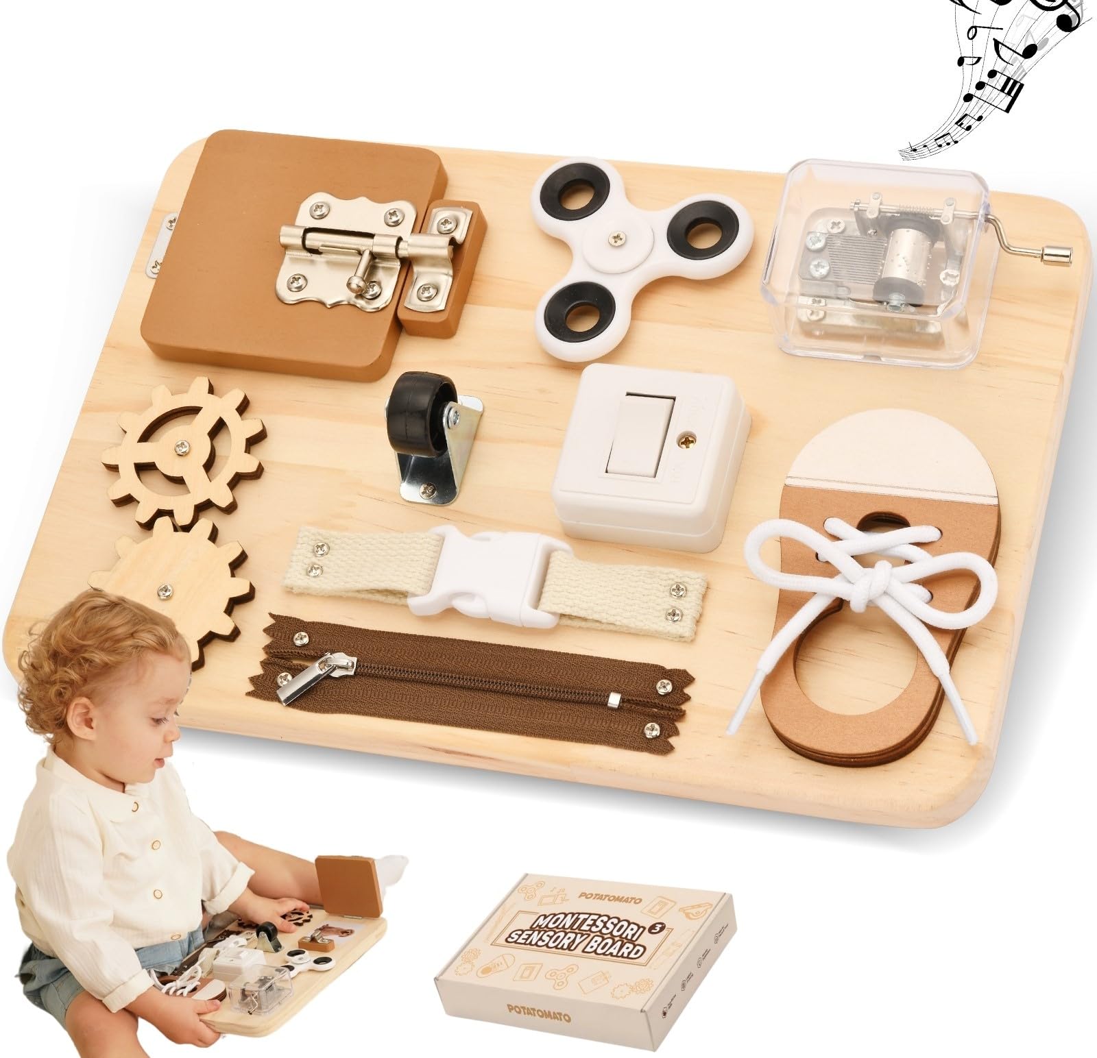 

Potatomato Busy Board - Montessori Educational Toy - Birthday Gift for 3-4 Year Olds, Develops Manual Dexterity, Autism, Wooden Sensory Toy for Boys