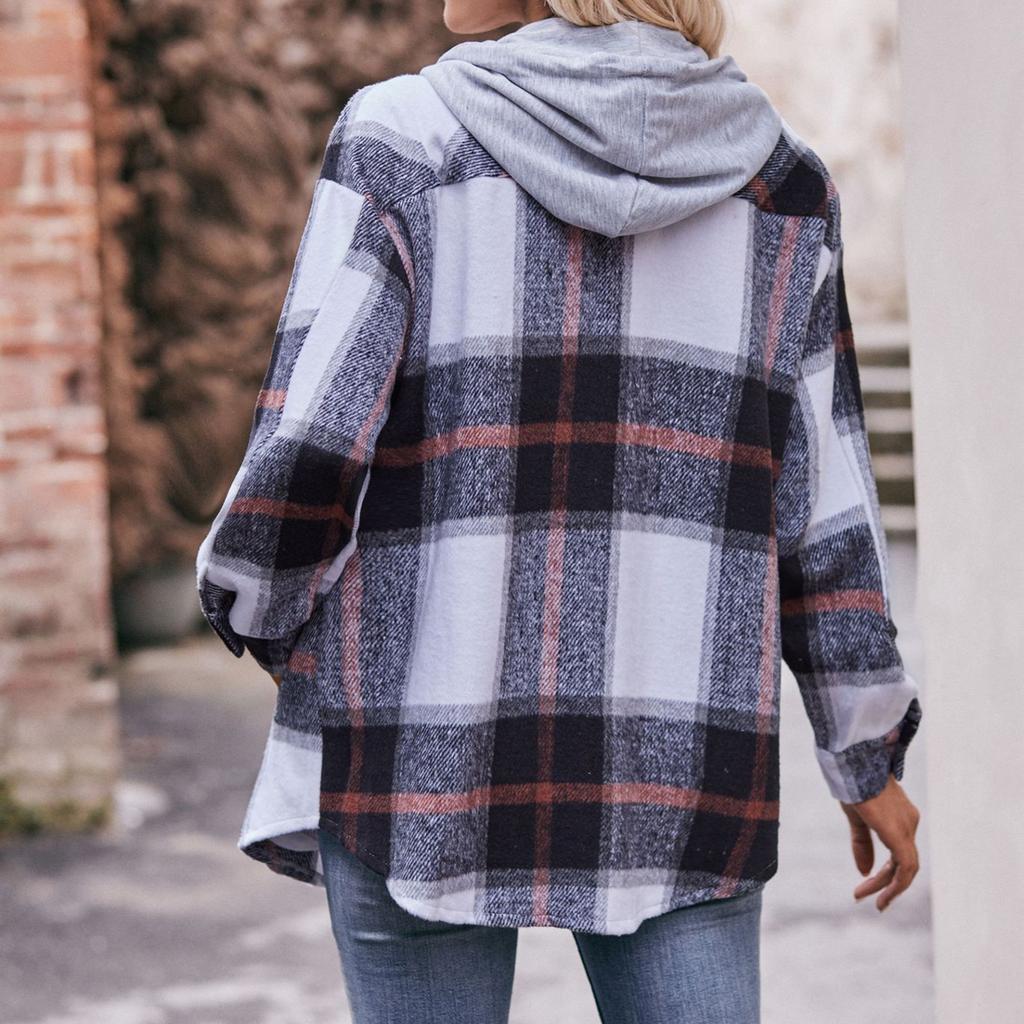 Women's Fashion Plaid Long Sleeved Button Up Hooded Pocket Drawstring Casual Shirt Jacket