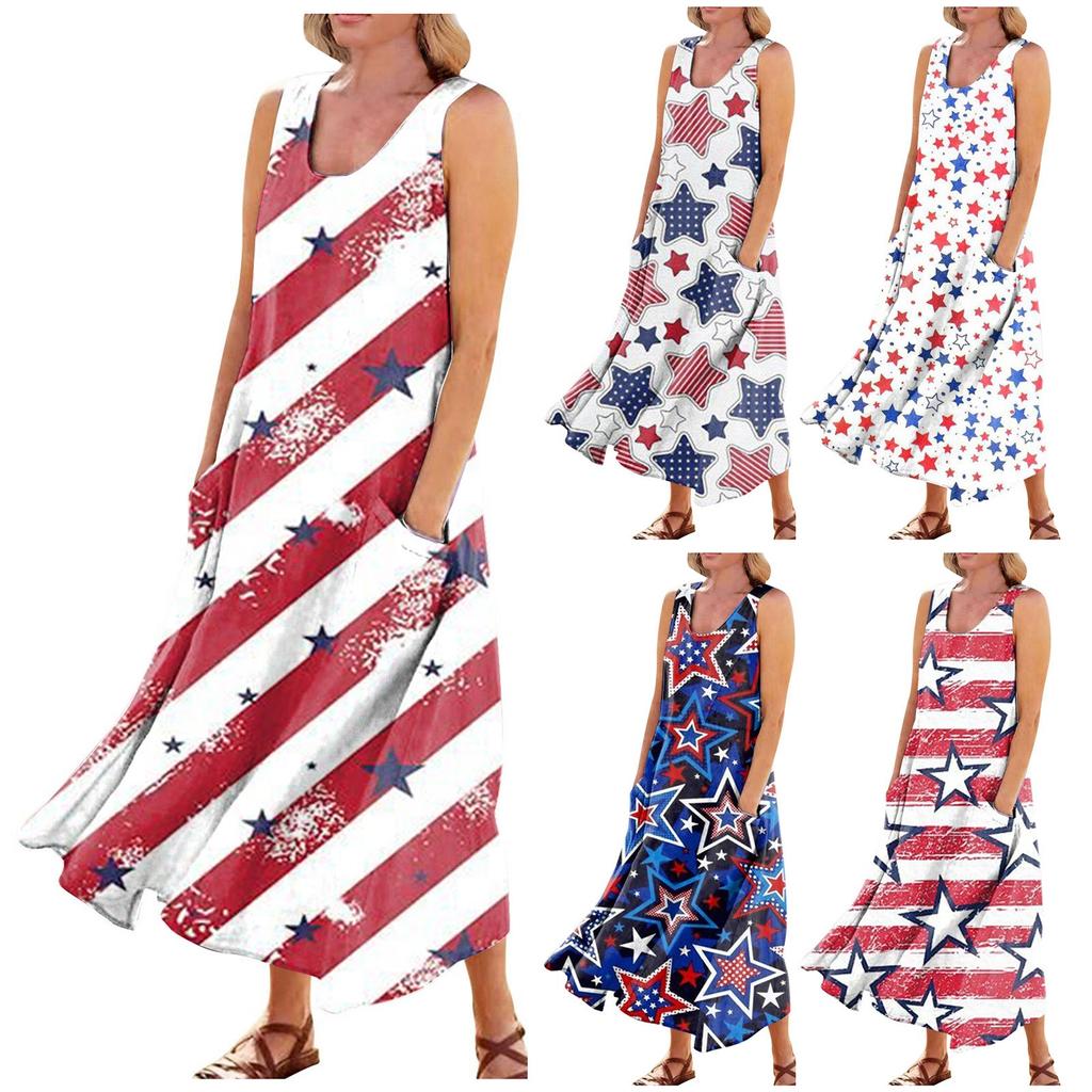 Women's Casual Comfortable Independence Day Print Sleeveless Cotton Pocket Dress