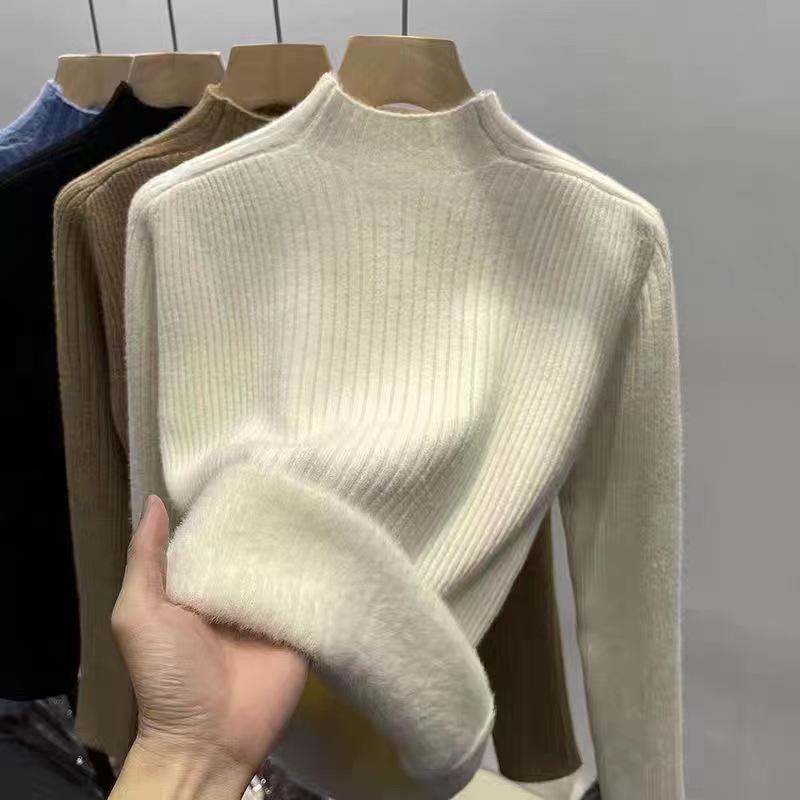 Women's Velvet-Lined Slimming Sweater - Half-High Neck, Autumn/Winter 2023 Collection, Warm Knit Base Layer