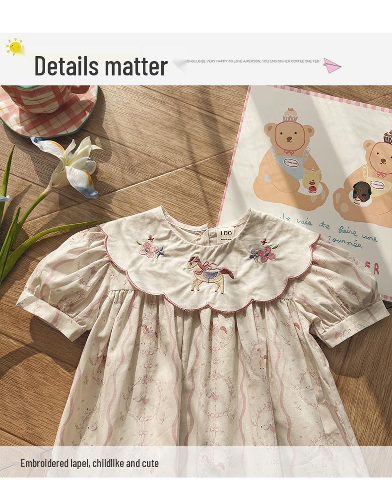 French Floral Kids' Dress 2026: Flower Collar & Little Horse Embroidery with Puff Sleeves