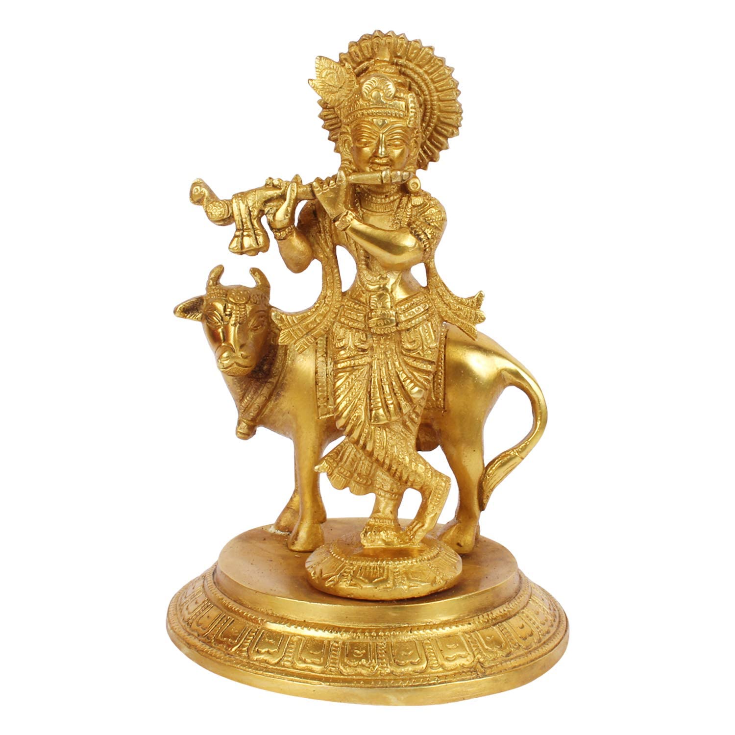 Pure Brass Bhagwan Lord Krishna Idol With Gau Mata For Home Decor - 7.5 Inch