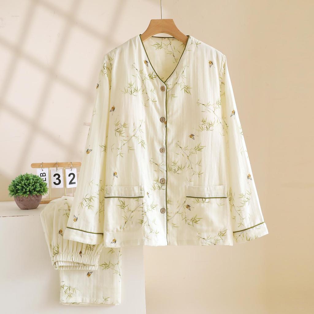 Women's Cotton Pajamas Set with Removable Chest Pads, Long-Sleeve and Pant, Casual Loose Fit for Autumn and Spring. Suitable for Home or Outdoor Wear.