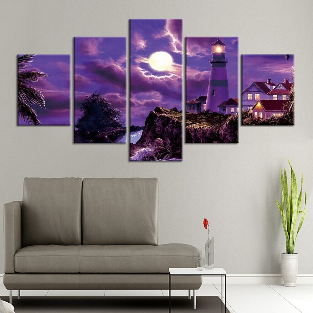 5Pcs Lighthouse Cliffs Moon Decor 5 Pieces Pictures Wall HD Print No Framed 5 Panel Room Decor Abstract Art Poster Paintings
