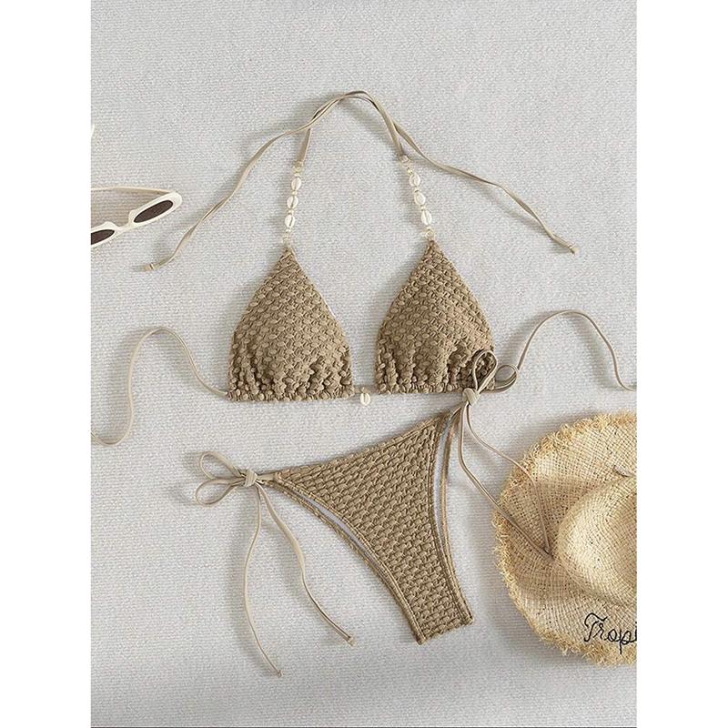 

Sexy Bikini Set Women Swimsuit Two-Piece Swimwear Chic Decoration Halter Lace Up Backless Bathing Fashion Beachwear L коричневый