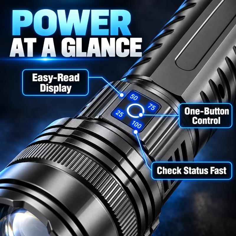 Rechargeable Heavy Duty LED Flashlight, Adjustable Focus, Digital Power Display + COB Tail Light, Spot/Flood Beam for Emergency & Outdoor