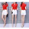 Summer Chiffon Shirt Stand Collar V-neck Petal Short Sleeve Pullover Tops Solid Color Thin Women Blouse Workwear
