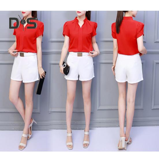 Summer Chiffon Shirt Stand Collar V-neck Petal Short Sleeve Pullover Tops Solid Color Thin Women Blouse Workwear