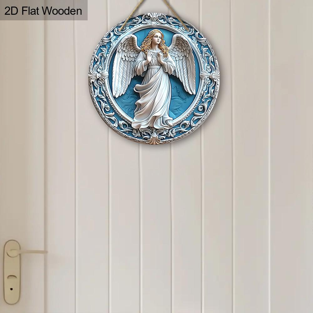 Holy Angel Wooden Sign - Beautiful Angel Round Artwork for Front Door Wall Home Hanging Decoration