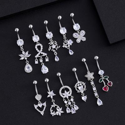 Heart Flower Long Pendant Belly Button Ring For Women Girls Body Piercing Belly Ring Stainless Steel Belly Button Ring