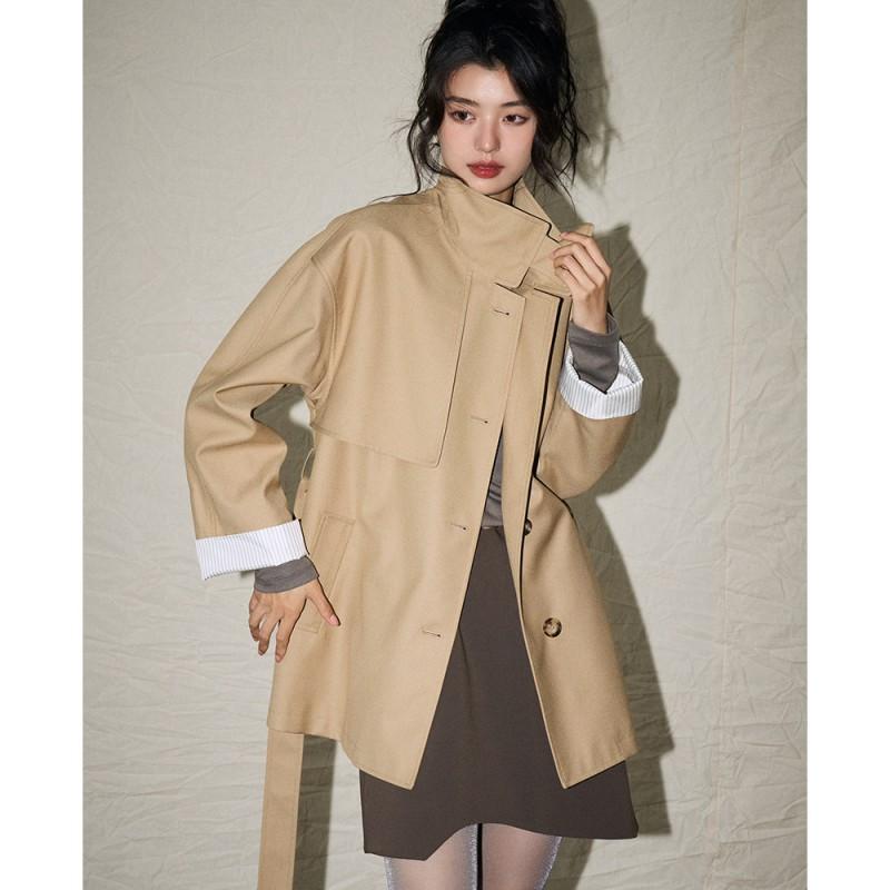 Womens Oversized Stand Collar Trench Coat 2026 Korean Style Casual Longline Jacket In Beige Khaki