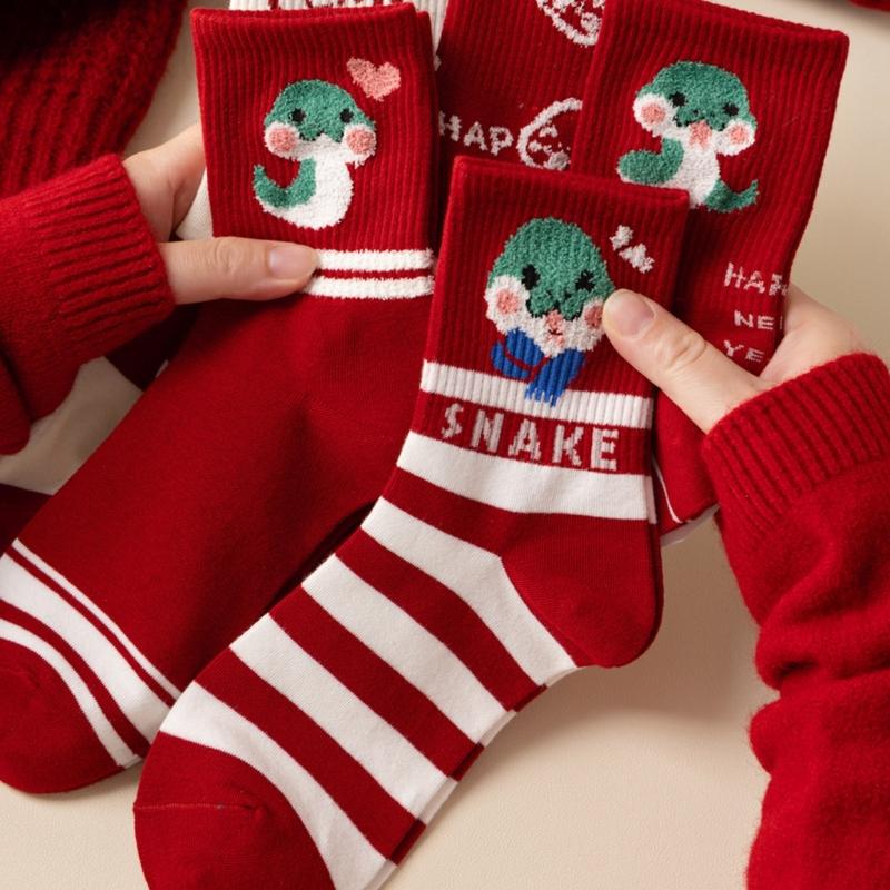 1 Pair Cartoon Snake Year New Year Striped Crew Socks Soft Cotton Chinese Zodiacs Ankle Socks for Festives Celebrations
