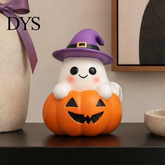 Halloween Party Supplies Ghost Figurine, Cute Spooky On Pumpkin Decoration, Resin Small Desktop Window Display Tabletop Ornament with Witch