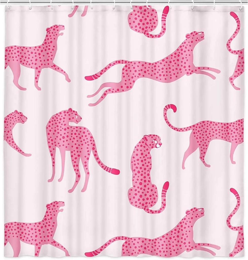 Leopard Fabric Shower Curtain, Tropical Animal Cheetah Shower Curtain for Bathroom, Pink with Hook 180X180CM