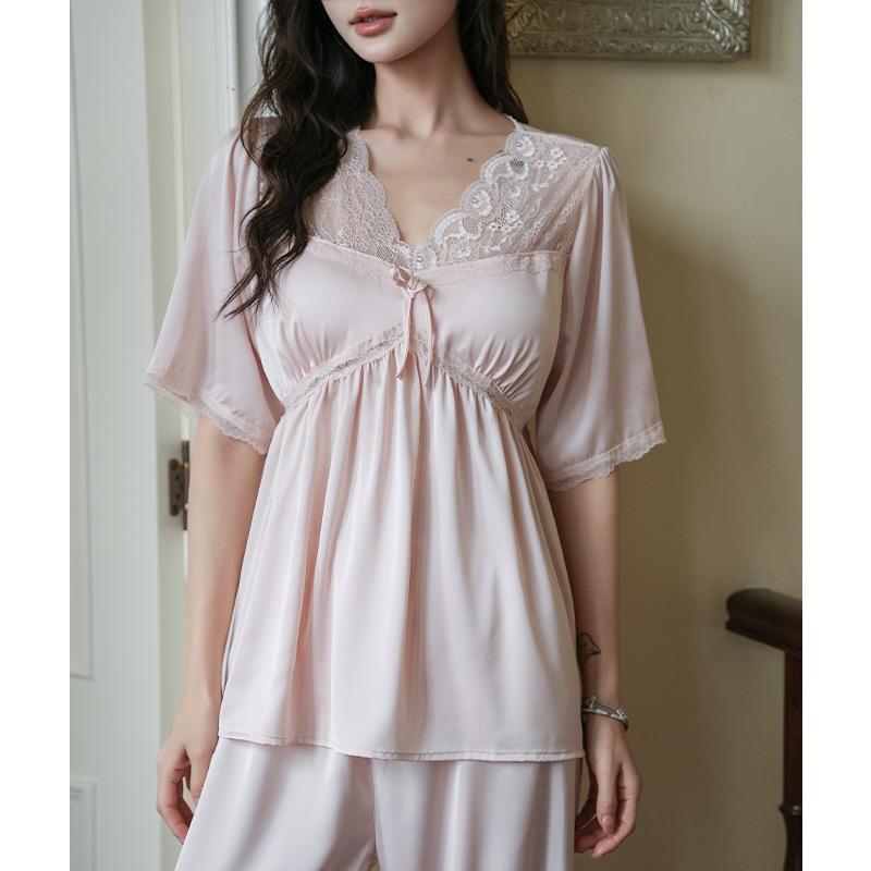New pajamas, tops, trousers set, exquisite lace ice silk two-piece set, women's summer cool and comfortable loungewear