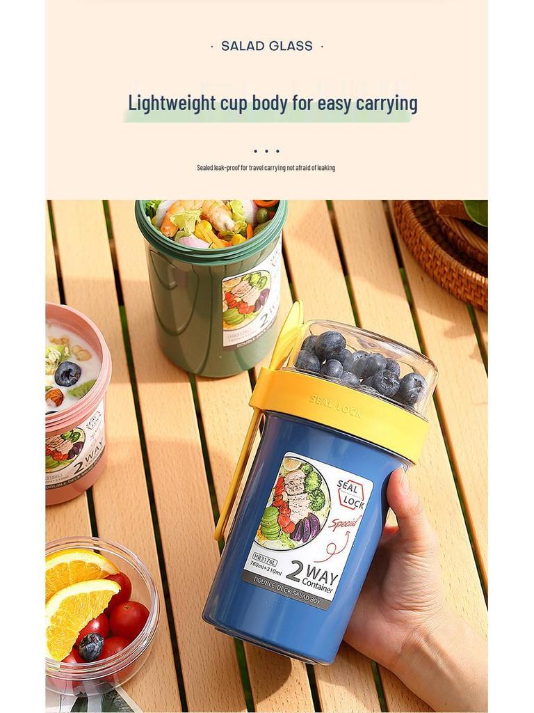 Portable Double-Layer Yogurt and Oatmeal Cup with Lid and Spoon for Salads and Nuts