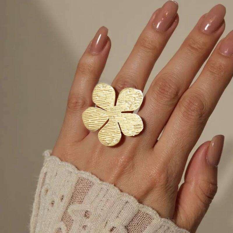 Golden Plated Brushed Flower Open Adjustable Ring for Women Elegant Statement Jewelry Gift resizable золотой