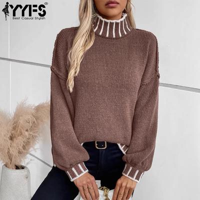 Women's Fashion Casual Fall Winter Stripe Print Long Sleeve High Neck Sweaters